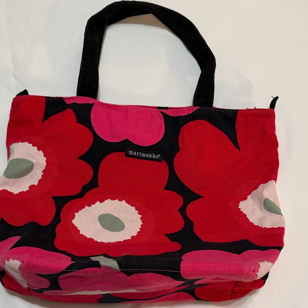 Marimekko Red & Pink Unikko Floral Canvas Tote with Black Handles